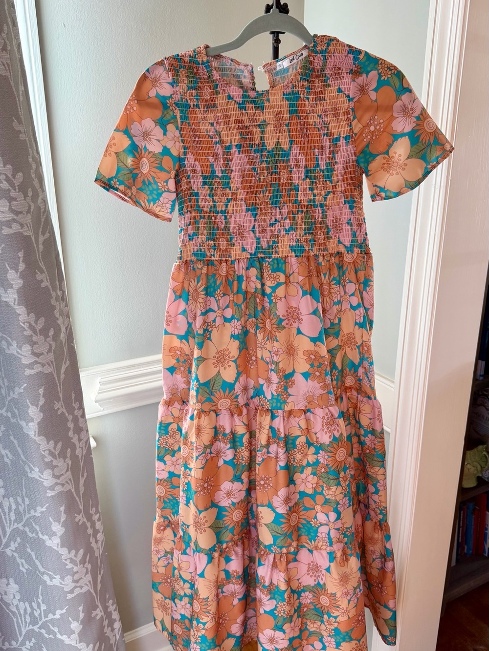 Floral Smocked Midi Dress in Peach, Pink & Teal